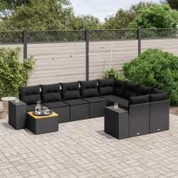 10 Pcs conjunto sofás de jardim c/ almofadões vime PE preto