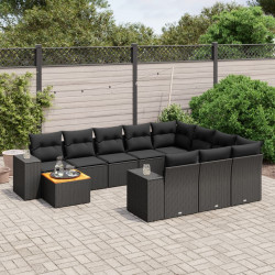 11 Pcs conjunto sofás de jardim c/ almofadões vime PE preto
