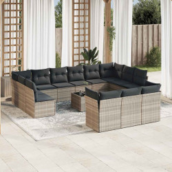 14 Pcs conj. sofás jardim com almofadões vime PE cinzento-claro