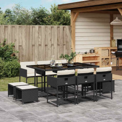 11 Pcs conjunto de jantar p/ jardim c/ almofadões vime PE preto