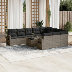 11 Pcs conjunto sofás de jardim c/ almofadões vime PE cinzento
