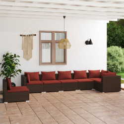 7 Pcs conjunto lounge jardim c/ almofadões vime PE castanho