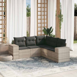 5 Pcs conj. sofás jardim c/ almofadões vime PE cinzento-claro