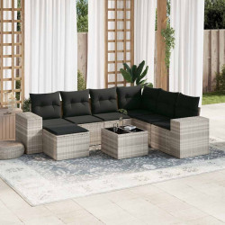 8 Pcs conj. sofás jardim c/ almofadões vime PE cinzento-claro