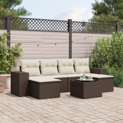 7 Pcs conjunto de sofás jardim c/ almofadões vime PE castanho