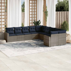 10 Pcs conjunto sofás p/ jardim c/ almofadões vime PE cinzento