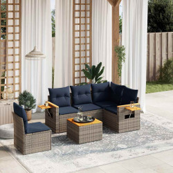 6 Pcs conjunto sofás p/ jardim c/ almofadões vime PE cinzento