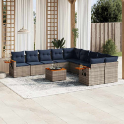 11 Pcs conjunto sofás de jardim c/ almofadões vime PE cinzento