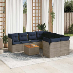 9 Pcs conjunto sofás p/ jardim c/ almofadões vime PE cinzento