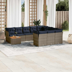 11 Pcs conjunto sofás de jardim c/ almofadões vime PE cinzento