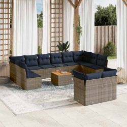 13 Pcs conjunto sofás p/ jardim c/ almofadões vime PE cinzento
