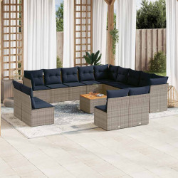 14 Pcs conjunto sofás p/ jardim c/ almofadões vime PE cinzento
