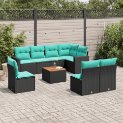 9 Pcs conjunto de sofás p/ jardim c/ almofadões vime PE preto