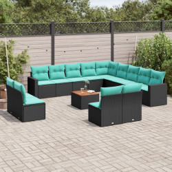 14 Pcs conjunto de sofás p/ jardim c/ almofadões vime PE preto