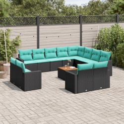 13 Pcs conjunto de sofás de jardim com almofadões vime PE preto