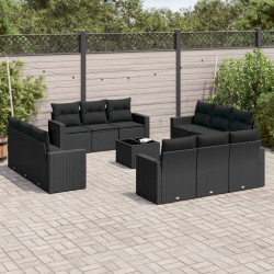 13 Pcs conjunto de sofás de jardim com almofadões vime PE preto