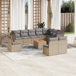 11 Pcs conjunto sofás de jardim c/ almofadões vime PE bege