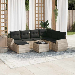 8 Pcs conj. sofás jardim c/ almofadões vime PE cinzento-claro