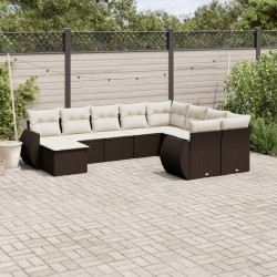 10 Pcs conj. sofás jardim com almofadões vime PE castanho