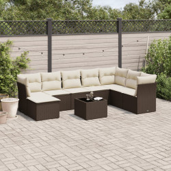 9 Pcs conjunto sofás p/ jardim c/ almofadões vime PE castanho