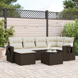 7 Pcs conjunto de sofás jardim c/ almofadões vime PE castanho