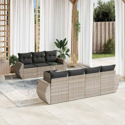 8 Pcs conj. sofás jardim c/ almofadões vime PE cinzento-claro
