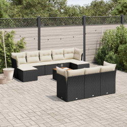11 Pcs conjunto sofás de jardim c/ almofadões vime PE preto