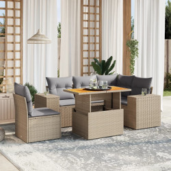 6 Pcs conjunto de sofás p/ jardim com almofadões vime PE bege