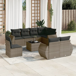 9 Pcs conjunto sofás p/ jardim com almofadões vime PE cinzento
