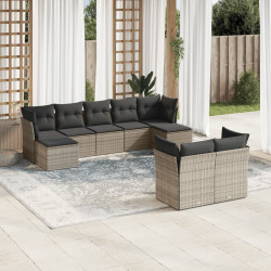 9 Pcs conjunto sofás p/ jardim com almofadões vime PE cinzento
