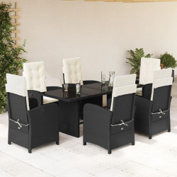 7 Pcs conjunto de jantar p/ jardim c/ almofadões vime PE preto