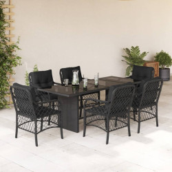 7 Pcs conjunto de jantar p/ jardim c/ almofadões vime PE preto