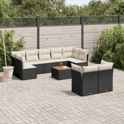 10 Pcs conjunto sofás de jardim c/ almofadões vime PE preto