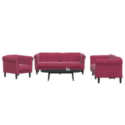 3 Pcs conjunto de sofás veludo vermelho-tinto