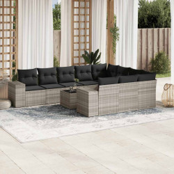 11 Pcs conjunto sofás de jardim c/ almofadões vime PE cinzento