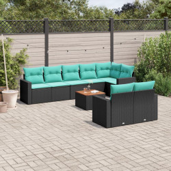 9 Pcs conjunto de sofás p/ jardim c/ almofadões vime PE preto
