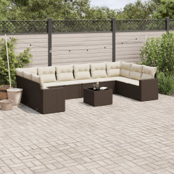 11 Pcs conjunto sofás de jardim c/ almofadões vime PE castanho