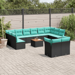13 Pcs conjunto de sofás de jardim com almofadões vime PE preto