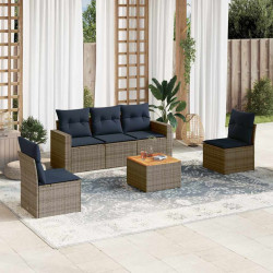 6 Pcs conjunto sofás p/ jardim c/ almofadões vime PE cinzento