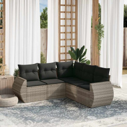 5 Pcs conj. sofás jardim c/ almofadões vime PE cinzento-claro