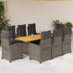 9 Pcs conjunto de jantar p/ jardim c/ almofadões vime PE cinza