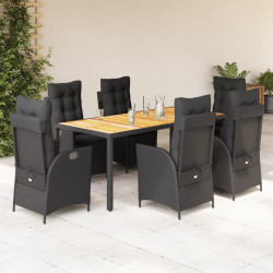 7 Pcs conjunto de jantar p/ jardim c/ almofadões vime PE preto