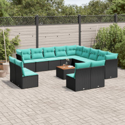 14 Pcs conjunto de sofás p/ jardim c/ almofadões vime PE preto
