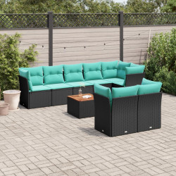 9 Pcs conjunto de sofás p/ jardim c/ almofadões vime PE preto