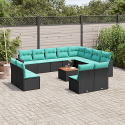 13 Pcs conjunto de sofás de jardim com almofadões vime PE preto