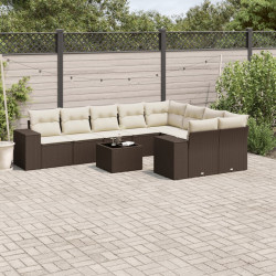 10 Pcs conj. sofás jardim com almofadões vime PE castanho