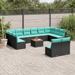 13 Pcs conjunto de sofás de jardim com almofadões vime PE preto