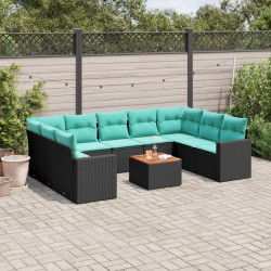 10 Pcs conjunto de sofás p/ jardim c/ almofadões vime PE preto