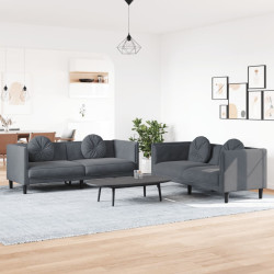 2 Pcs conjunto de sofás com almofadas veludo cinzento-escuro