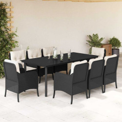 9 Pcs conjunto de jantar p/ jardim c/ almofadões vime PE preto